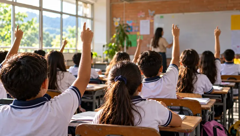 Estudiantes levantan la mano para participar en clase