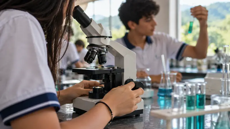 Estudiantes observan muestras con un microscopio en el laboratorio