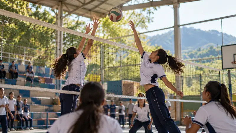 Estudiantes juegan voleibol en el coliseo del colegio