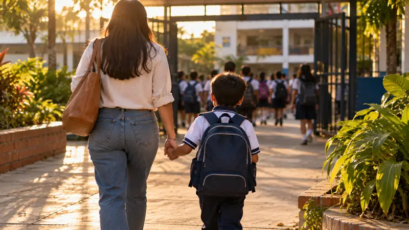 Una madre lleva a su hijo de la mano a la entrada del colegio