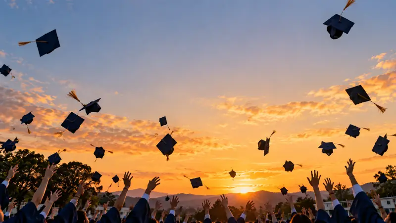 Estudiantes lanzan sus birretes al cielo durante la ceremonia de grado