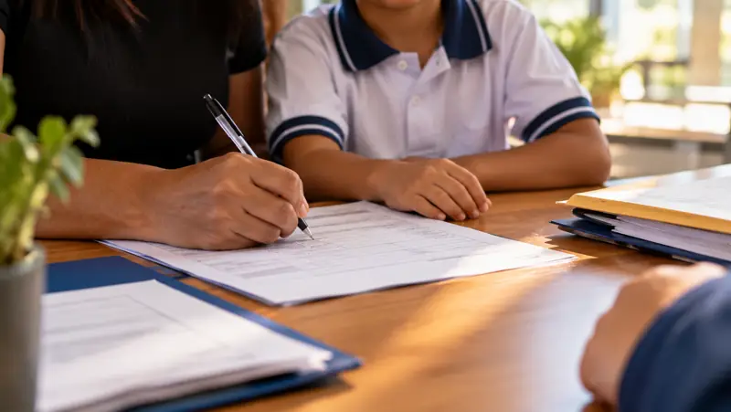 Un acudiente firma los documentos de matrícula junto al estudiante
