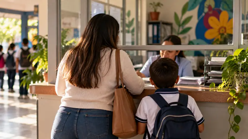 Una madre y su hijo son atendidos en la secretaría del colegio